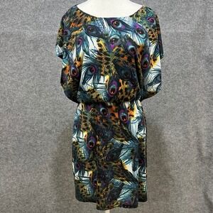 NO STRINGS ATTACHED Peacock Feather Print Dolman Sleeve Stretch Waist Dress LG‎